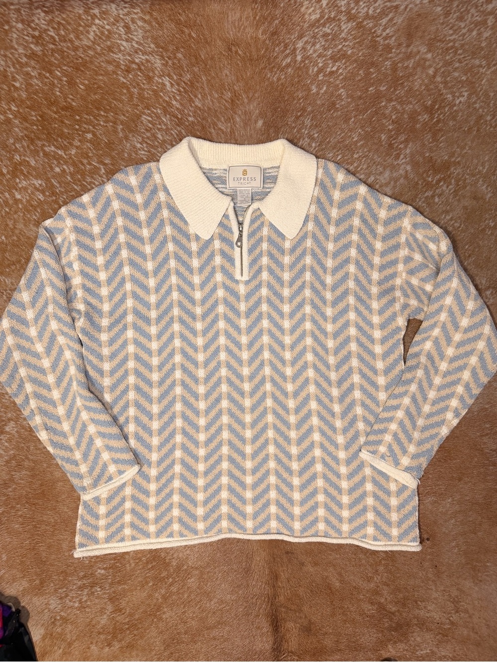 Vintage Express Zip Polo Sweater in Light Blue & Cream